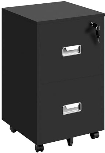Yaheetech Rollcontainer, Aktenschrank, abschließbare Büroschrank mit Hängeregistratur und 2 Schubladen für Arbeitszimmer/Büro/Wohnzimmer Schwarz