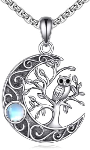URONE Eulen Baum des Lebens Kette 925 Sterling Silber Eulen Mond Anhänger Haslkette Eulen Schmuck Geschenke für Herren Damen