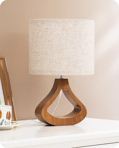 EDISHINE Lampe de Chevet avec Abat-jour en Lin & Base en Bois Massif de Teinte Chêne Moyen, E27 4W Ampoule LED Incluse, 2700K Blanc Chaud, H34 cm, Ø21 cm, Lampe de Table Moderne pour Salon, Chambre