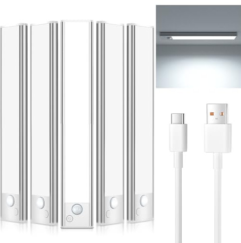 Schrankbeleuchtung Unterbauleuchte Küche Led Bewegungsmelder - 20CM Weiß 5 Stück Kabellos Unterschrank Lichtleiste mit USB Aufladbar Akku Unterbau Küchen Beleuchtung für Kleiderschrank Unterschrank
