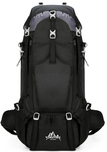 VOKUVIKU Trekkingrucksack Reiserucksack Campingrucksack Wanderrucksack Großer Rucksack für Herren Damen 70L (mit Regenschutz), Schwarz