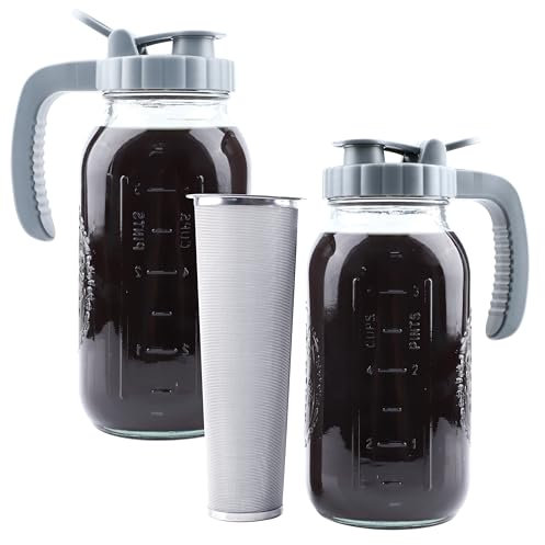 Cold Brew Kaffeemaschine, 1,8 l, 2 Stück, Einmachglas, kaltgebrühter Krug mit Teesieb, 2 Quart breite Öffnung, Eiskaffeemaschine mit Ausgießdeckel und Griff, 2 l, luftdichter und auslaufsicherer Krug