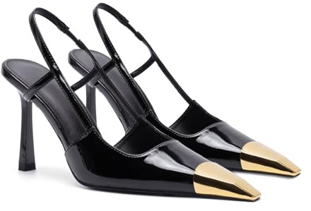 THESHY Womens Slingback High Heels Metal Pointed Toe Leather High Stiletto Heel Pumps Slip on Elastic Strap Fashion Dress Shoes for Women, Black Patent Leather, 7 UK