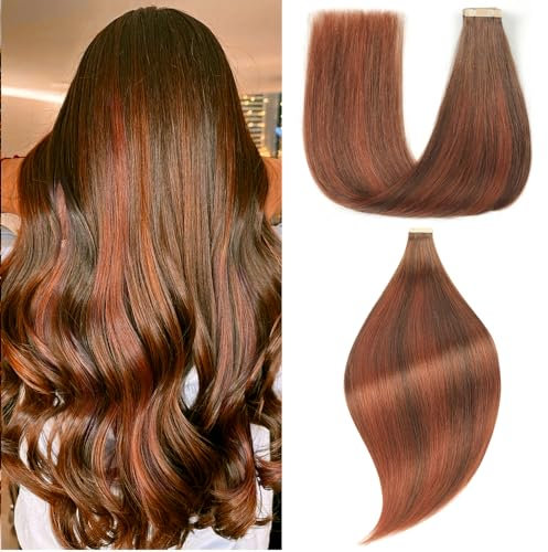 EINbeauty Tape Extensions Echthaar 20pcs Extensions Echthaar 60cm 50g Schokoladenbraun mit Dunkelrotbraun Tape In Extensions Echthaar Invisible Echthaar Extensions Tape Für Frauen(24inch,4/4/33N#)
