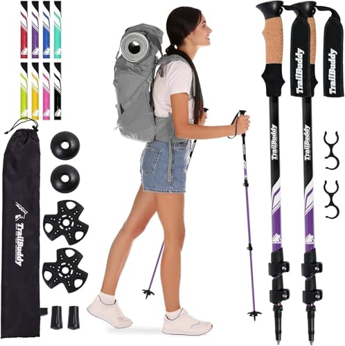 Trekkingstöcke, leichte, zusammenklappbare Wanderstöcke für Schneeschuh- und Rucksackausrüstung, 2er-Pack Wanderstöcke, 7075 Aluminium mit Korkgriff (Pflaume)