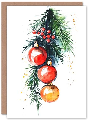 Artery8 Holly Pine Tree Baubles Holiday Blank For Him Or Her Art Xmas Festive Christmas Card