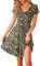 WNEEDU Women's Summer Dress V Neck Short Sleeve Casual Dress Pleated Hem Knee Length T-Shirt Dresses with Pockets Leopard L