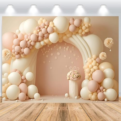 ASDCXZ Boho Geburtstag Foto Hintergrund 2.2x1.5m, Beige Rosa Ballon Regenbogen Mädchen Babyparty Thema Fotografie Hintergrund Prinzessin 1. Geburtstag Kuchen Tischdekoration Banner Studio Requisiten