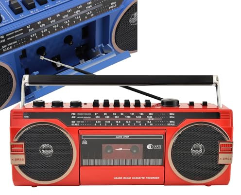 Lecteur de Cassettes Boombox, Boombox Bluetooth rétro, Haut-parleurs Bluetooth 5.0 (Distance de Transmission : 10 m), AM/FM/SW12 Trois Bandes, Style Classique des années 80, Rouge