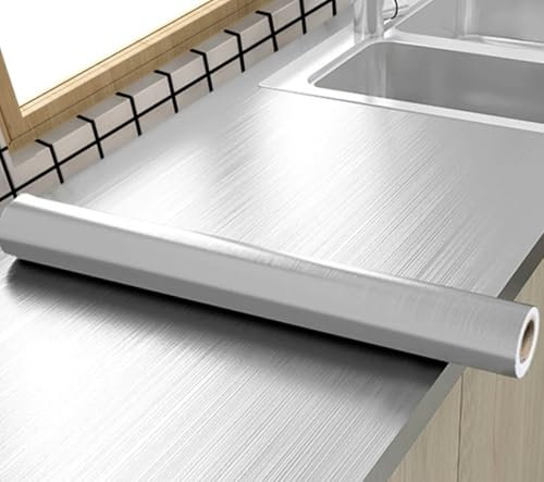 Silver Sticky Back Plastic Wallpaper Silver Contact Paper Self Adhesive Wallpaper Waterproof PVC Vinyl, Oil Proof, Vinyl Paper for Furniture Cover Surface,Countertop,Kitchen,Shelf Liner 45cmx300cm