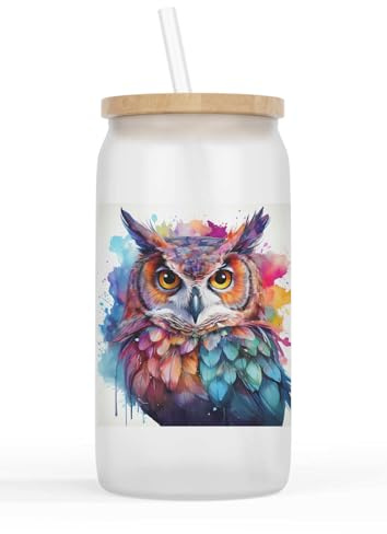 Merchandise for Fans Glasbecher mit Bambusdeckel und Strohhalm |Trinkglas |Saftglas | 550ml - Eule Uhu Porträt 70