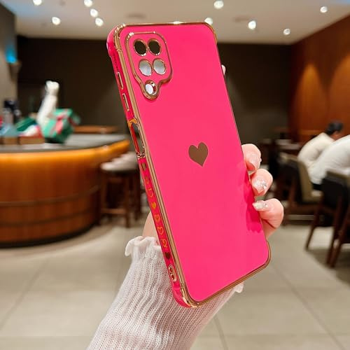 Compatible with Samsung Galaxy A12/M12 Case,Love Heart Pattern Electroplated Design Soft TPU Shockproof Protective Phone Case Full Camera Lens Protection Cover for Samsung Galaxy A12/M12-Rose Pink