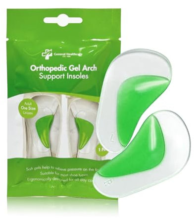 General Healthcare Solette ortopediche in gel di supporto per arco plantare, supporto per piedi piatti, cuscinetti in morbido gel di silicone per alleviare il dolore ai piedi