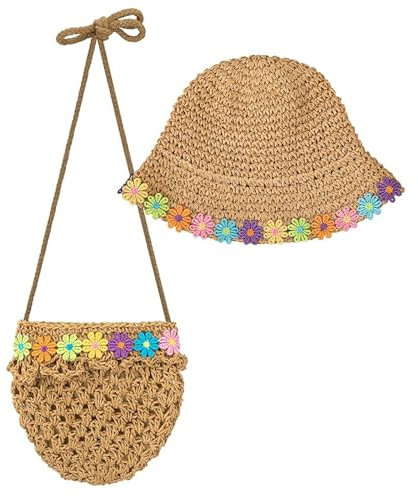 GizellMG Cappello Paglia da Spiaggia Donna Capeline in Paglia Traspirante Cappello largo Bordo a tema Provenza Fiore Colorato Cappello da Sole Madre Figlia, cachi., 48/52 cm