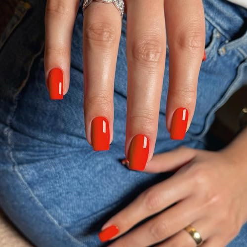 KQueenest Acrylic Press on Nails Short Medium Square, Light Red False Nails Short Coffin, Glossy Natural Solid Color Fake Nails Set, Reusable Gel Stick on Nail for Women Finger Daily Wear 30 Pcs