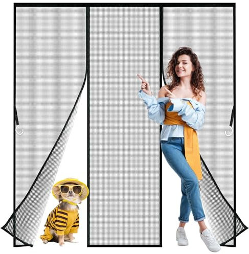 Zlhloj Moustiquaire Porte Fenêtre, 400x215 cm Maille Très Fine Dense, Moustiquaire Porte Fermeture Aimantée Magnétique Automatique, Rideaux Anti Mouches et Insect, Bande Adhésive Sans Perçage Noir