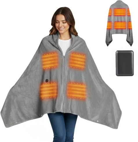 Moteoza Heizdecke Kabellos mit 10000mAh Akku, 180x90cm Elektrische Flanell Wärmedecke Tragbar für Damen & Herren, 3-Stufen-Heizung, Waschbar für Zuhause, Büro, Camping, Grau