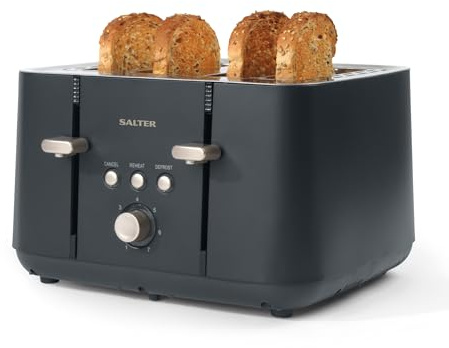 Salter Marino Tostadora de 4 ranuras anchas, 1850 W | 7 niveles tostado, descongelar/recalentar/cancelar, guías autocentrantes, antiatasco, bandeja recogemigas extraíble