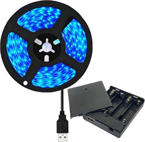 TOPXCDZ 4AA Battery Power Led Strip SMD2835 5M Flexible Lighting Red Green Blue UV White/Warm White Strip Backlight Self-Adhesive, Cuttable for Bedroom Mirror Kitchen Cabinet Patio Decor (Blue, 5M)