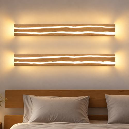 ZMH 2er LED Wandleuchte innen Holz 80CM Wandlampe Wohnzimmer 13W Warmweiß | Flurlampe Wand Modern Design lange Nachtlampe Treppenhaus Wandbeleuchtung für Schlafzimmer Flur Restaurant Cafe