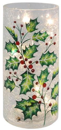Shudehill Giftware Xmas Crackle Glass LED Lights Holly Tube | Battery Operated, Festive Decoration, Height 20.5cm, Width 10cm, Depth 10cm