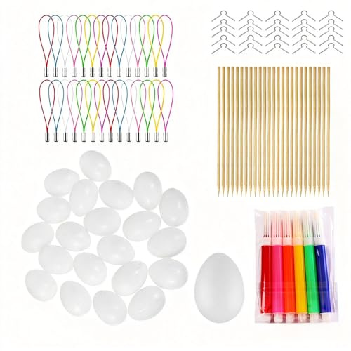ASOPFYUM 25 Pcs Ostereier zum Aufhängen Ostereier, 25 Handyketten 25 Eisendrähte 20 Bambusstäbe 6 Farbige Aquarellstifte, Ostereier Plastik, Eier zum Bemalen, Ostereier Plastik Weiß, Ostern Deko, DIY