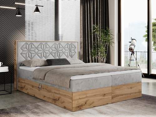 MKS MEBLE Boxspringbett 200x200 cm mit Bettkasten und Kopfteil, Polsterbett mit Matratze H4 und Topper Visco, Boxspringbett mit Massivholz - Nessi - Hellgrau Velvet