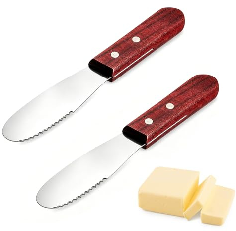 KIPTVO 2PCS Stainless Steel Butter Knife Set with Wooden Handle, Serrated Butter Spreader Knife for Bread, Cheese and Sandwiches, Spreading Knife Kitchen Tool for Daily Dining Use