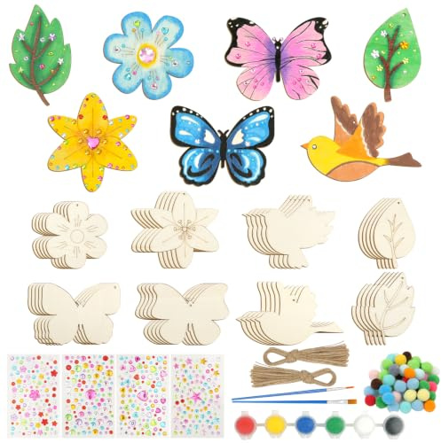 AOOTE Artisanat en Bois à Peindre Enfants kit, 40PCS Activité Manuelle Papillon et Fleur,Kit en Bois avec 4 autocollants, 2 stylos aquarelle,peintures 6 couleurs, 50 pompons, 10 m de ficelle