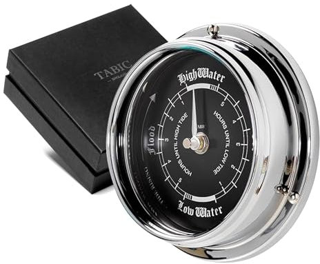 Tabic Tide Clock in Chrome with Jet Black Dial, Traditional Marine Wall Clock, Ocean-Themed Nautical Clock for Beach Enthusiasts - Heavy 1/2kg Chrome Plated, Handcrafted in England