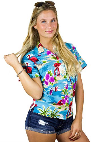 King Kameha Funky Hawaii-Bluse-Hemd Damen Kurzarm Front-Tasche Stylish Tropisch Große Blumen Blätter