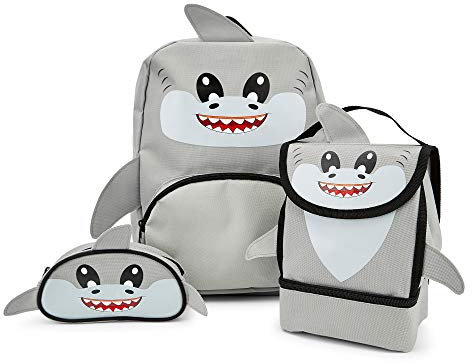 Zappi Co Children's Shark Backpack Triple Set - Includes Backpack, Lunch Box, and Pencil Case - Fun Wildlife Rucksack for Boys and Girls - Back to School Essential