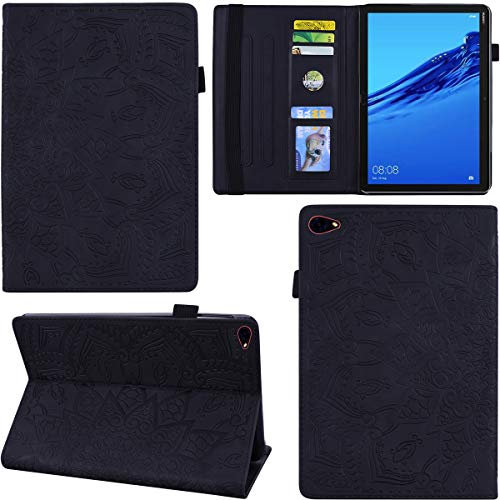 DodoBuy Hülle für Huawei MediaPad M5 Lite 10, Mandala Muster Flip Smart Cover PU Leder Schutzhülle Tasche Brieftasche Multi-Winkel Wallet Case Ständer mit Kartenfächer - Schwarz