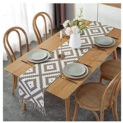 KnBoB Baumwolle Leinen Beige Braun Geometrisches Puzzle Muster mit Quasten Tischläufer für Das Ganze Jahr Größe 32x180CM