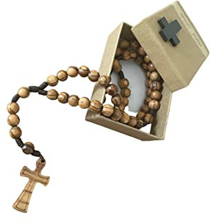 AMPALS,Rosaire dans sa boîte en Papier Kraft, Chapelet en bois d'Olivier fait main à Jérusalem,Crucifix,CadeauBaptême,Communion,FêtesChrétiennes,Naissance,Anniversaire,Protection Voiture,Maison