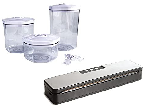 Maxxo Professionelle Vakuumiergerät VM Compact folienschweißgerät für Sous Vide edelstahl Haus- Vakuumierer + Vakuumbeutel/Vakuumbehälter Set Vakuumierdosen für Vakuumieren