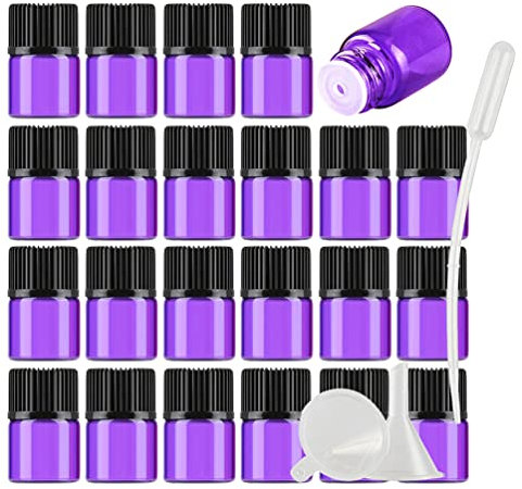 TIANZD 25 Pack 1ml Mini Bottiglia di Olio Essenziale in Vetro Viola Bottiglia con Riduttore dell'orifizio, per Oli Essenziali, Contenitori di Aromaterapia, Cosmetici Riutilizzabile