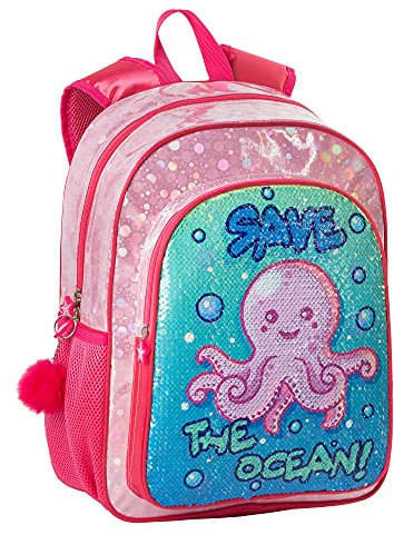 Toy Bags Unisex, Kinder Pulpito Jugend Rucksack mit Pailletten, wendbar, Save The Ocean, Rosa, L