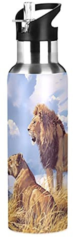 Vnurnrn Roi Lion Animal Mignon Bouteille d'eau Isotherme avec Paille en Acier Inoxydable Gourde 600ML, Sans Bpa Gourdes Eau pour Enfant Sport Randonnée École Bureau