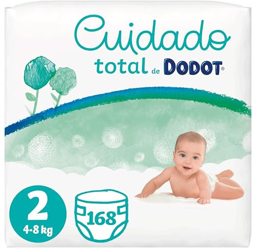 Dodot Pañales Bebé Cuidado Total Talla 2 (4-8 kg), 168 Pañales, Suave Protección de la Piel con Ingredientes de Origen Vegetal