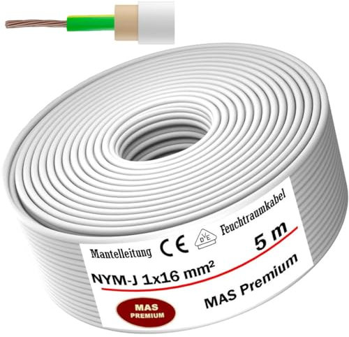 Câble d'alimentation pour pièces humides Câble électrique gainé Anneau pour la pose au-dessus, en haut, en saillie, dans des pièces sèches et humides Fabriqué en Allemagne (NYM-J 1 x 16 mm², 5 m)