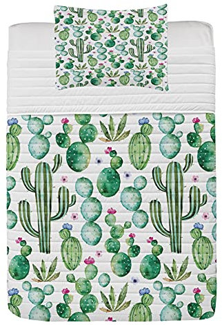 ABAKUHAUS Grün Mikrofaser Tagesdecken Set, Mexikanischer Kaktus-Anlagen, weiches Bettwäscheset mit Kissenbezügen und Steppdecke, 170 cm x 220 cm, Lime Green Pale Pink