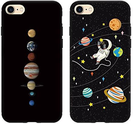 Tveinan Hülle für iPhone SE 2022/8/7/ iPhone SE 2020 Handyhülle, 2 Pack Weiche Silikon Schwarz Schutzhülle für iPhone 8, Slim TPU Bumper Stoßfest Case, Süß Muster Motiv Silikonhülle Cover - Planet