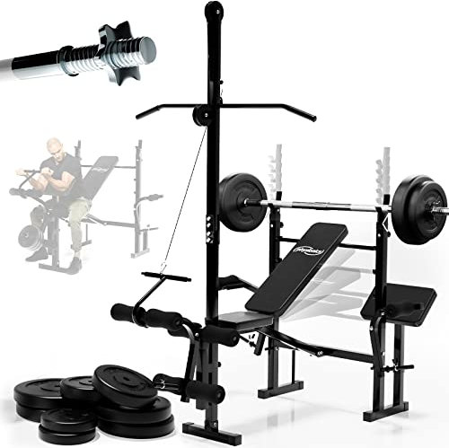 Physionics® Hantelbank mit Langhantel - Ablage, 40/70/100kg Gewichten, Butterfly, Beinstrecker, Curlbank, Latzug, 140/165cm, Multifunktional - Trainingsbank, Fitnessstation (100kg Gewichte+Langhantel)