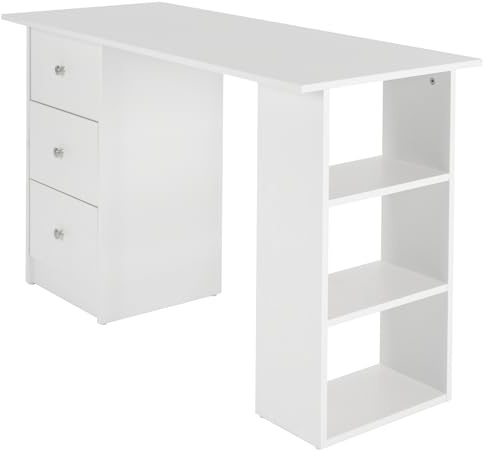 ML-Design Schreibtisch mit 3 Schubladen und 3 Aufbewahrungsregale, Stauraum, Weiß, 120x49x72 cm, Computertisch Bürotisch Arbeitstisch Laptoptisch Ablage Regal PC Tisch, geeignet für Homeoffice, Büro