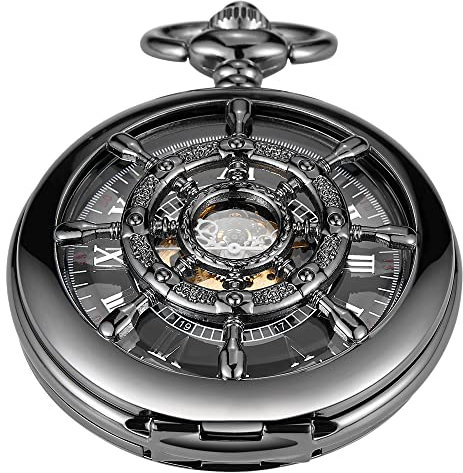 Tiong Taschenuhr für Herren, mit Rudermuster, doppelt, offen, mechanisch, hohl, römische Ziffern, Schwarz, Mpw101-uk