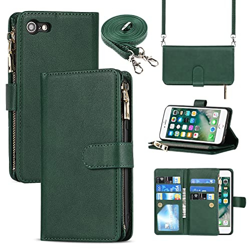 Cavor Crossbody iPhone 7/8/SE 2020/SE 2022 Case With Card Holder With Strap,Flip Leather Wallet Case,[9 Card Holder] Zipper Detachable Lanyard Phone Case Cover for women - Dark Green