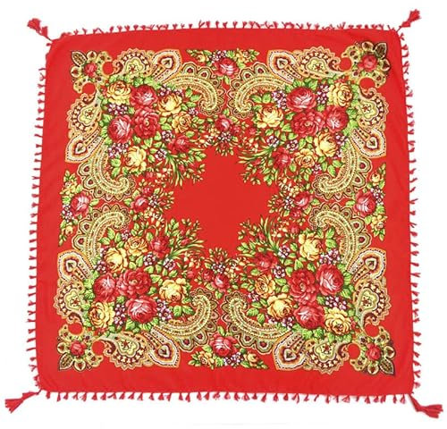 N_FROMM Slawischer russischer Schal mit Fransen floral Tuch 90cm x 90cm (rot)