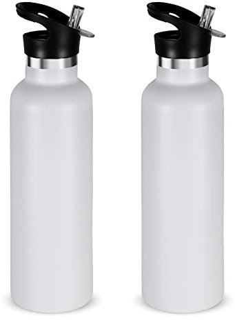 Volhoply 750ml Gourde Inox avec Paille 2 Paquets, Bouteille Isotherme à Double Paroi Avec Couvercle Sans BPA, Bottle Réutilisable en Métal pour École, Sport, enfant, Cadeaux(Blanc,2 Set)