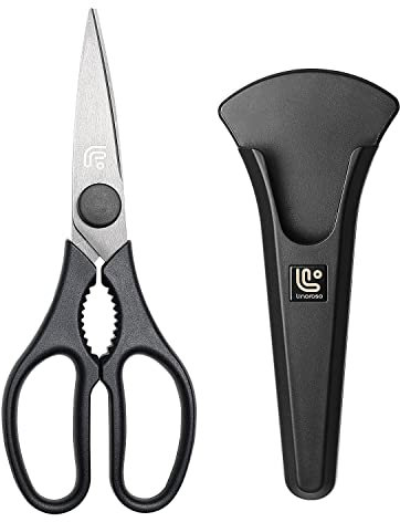 Linoroso Kitchen Scissor Heavy Duty Ultra Sharp Utility Scissors with Magnetic Holder Cooking Cutting Stainless Steel Food Shears for Meat Poultry Fish Chicken Pizza Vegetables Herbs BBQ Nuts - Black